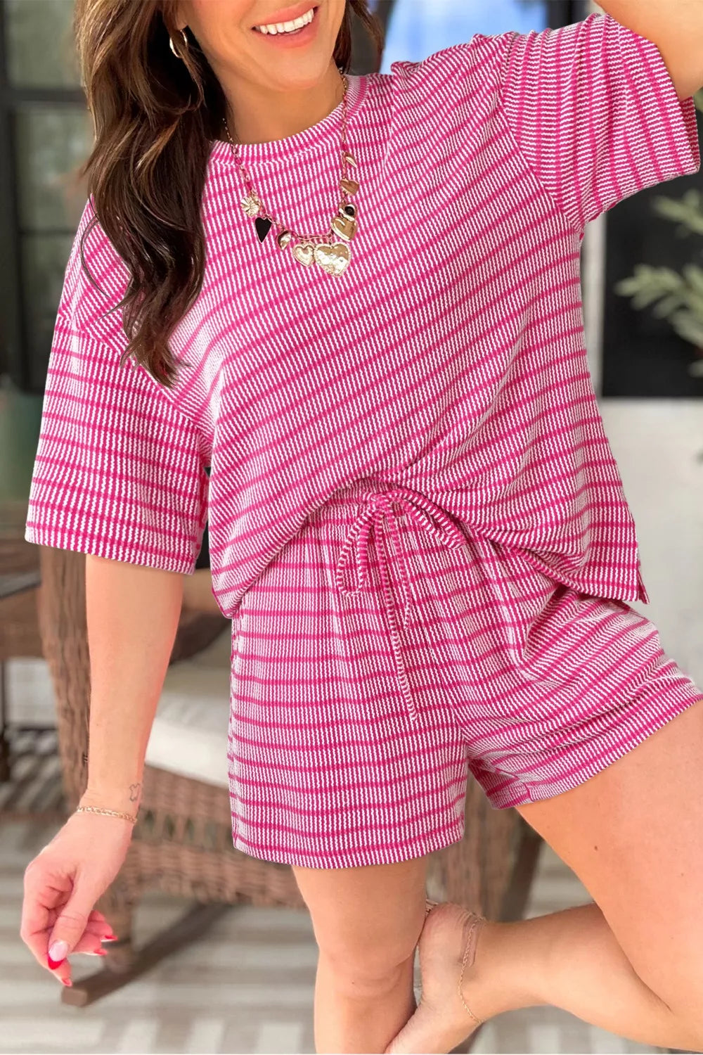 Stripe Rib Drawstring 2pcs Short Set