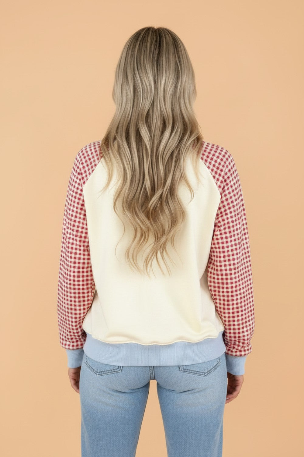 Gingham Colorblock Long Sleeve Raglan Pullover Sweatshirt