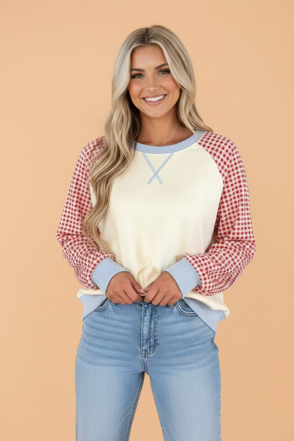 Gingham Colorblock Long Sleeve Raglan Pullover Sweatshirt