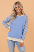 Gingham Colorblock Long Sleeve Raglan Pullover Sweatshirt