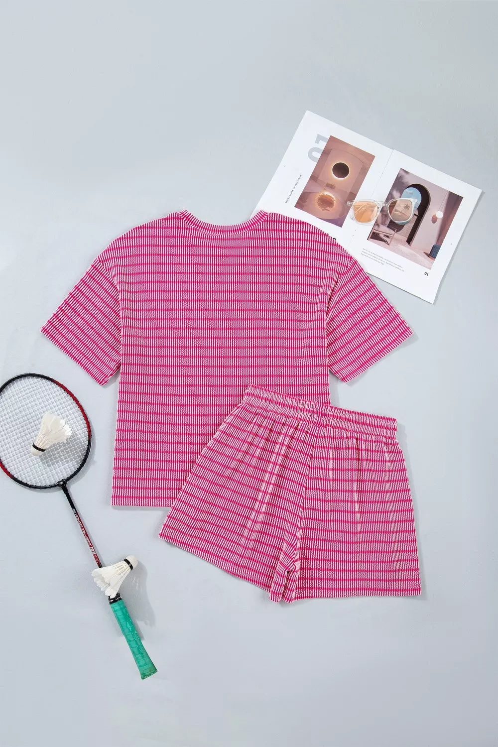 Stripe Rib Drawstring 2pcs Short Set