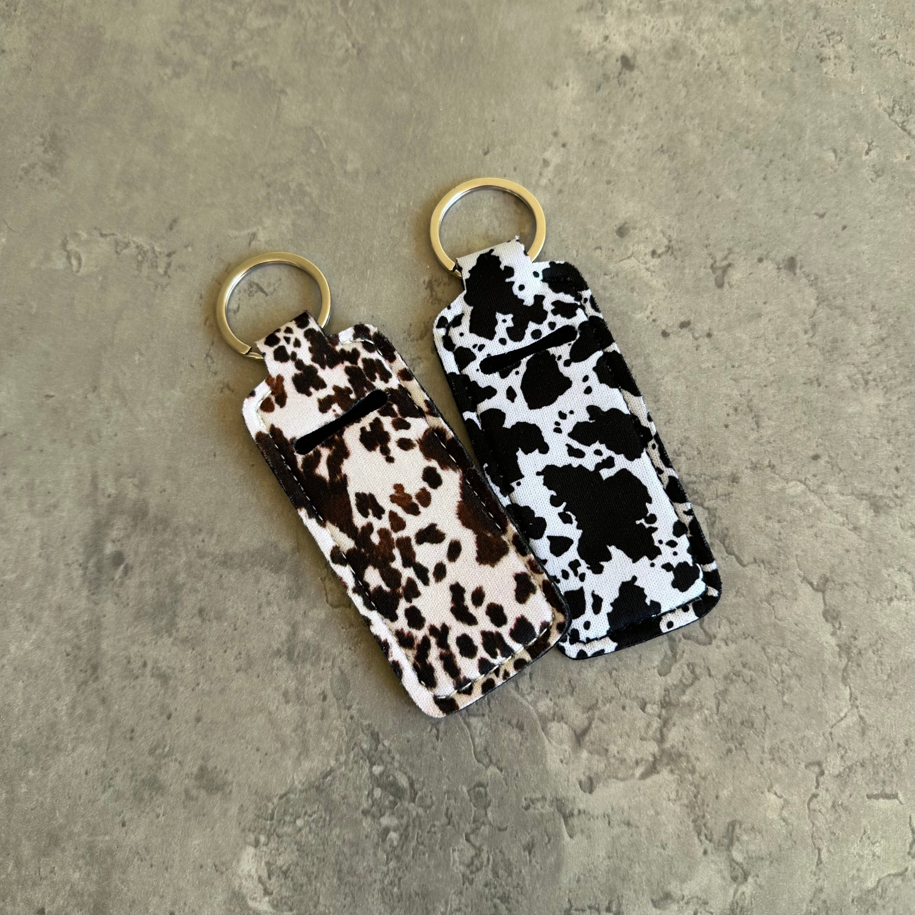 Chapstick Holder Keychain – Cow Print, Camo Pink Bow, Cowboy Toile, Barn Toile, croquette, duck, moon