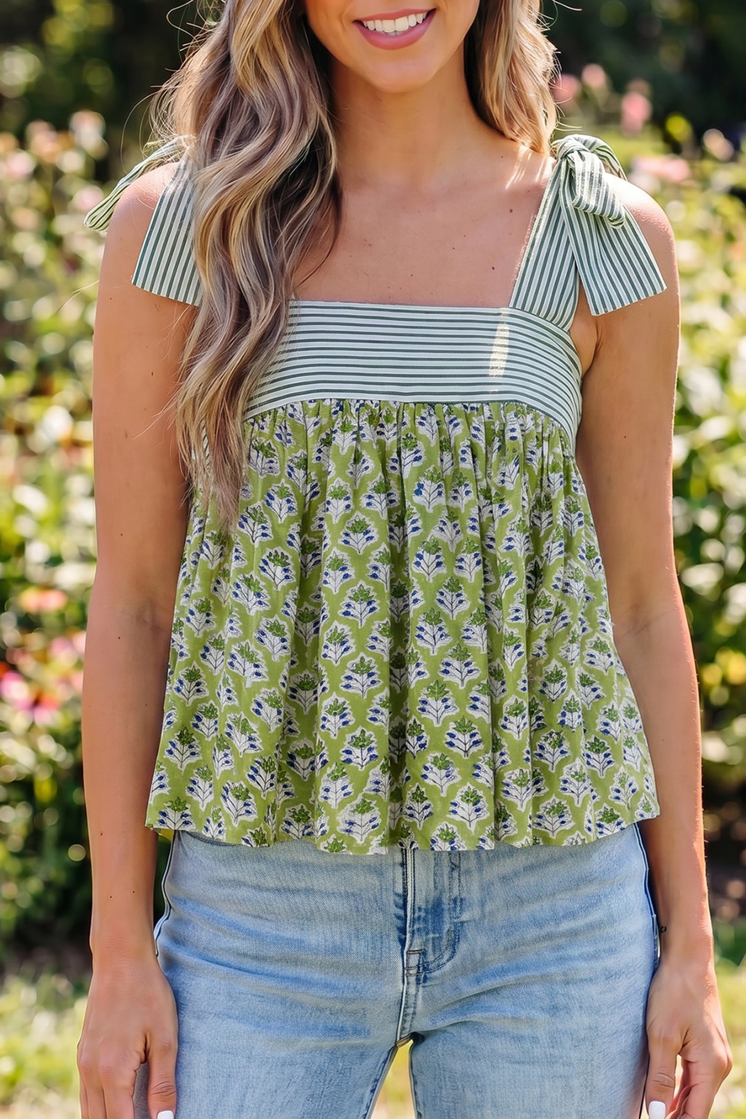 Pink Fashion Printed Knot Straps Babydoll Tank Top
