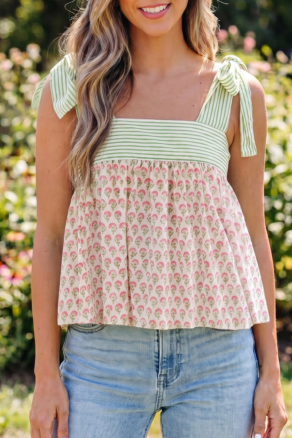 Pink Fashion Printed Knot Straps Babydoll Tank Top