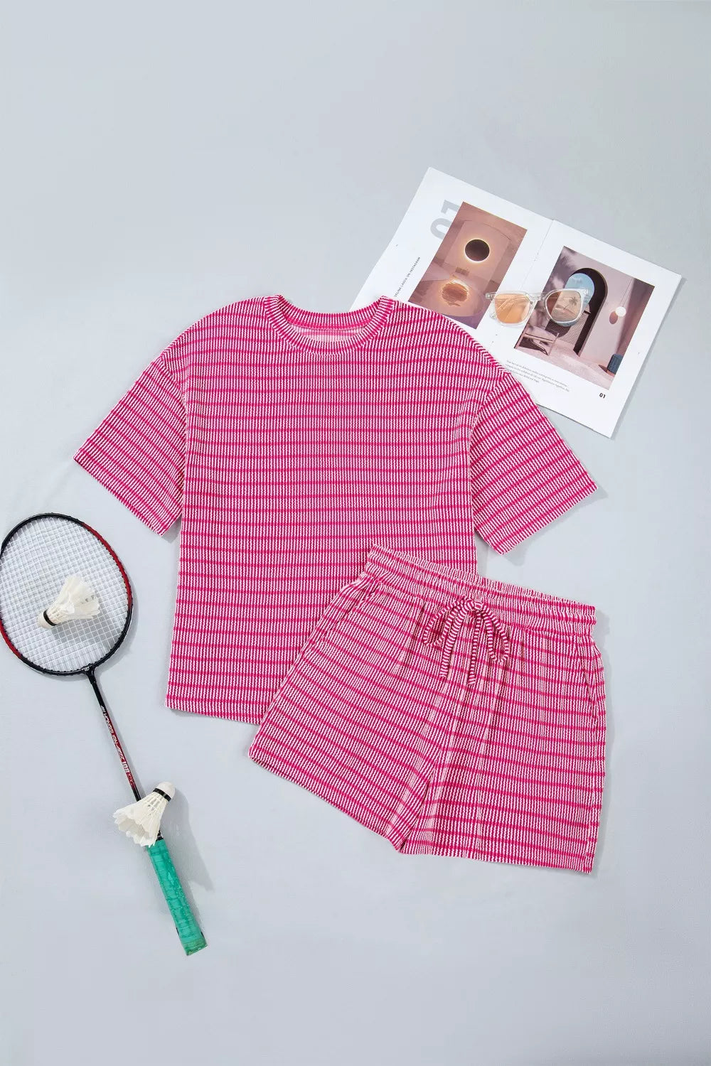 Stripe Rib Drawstring 2pcs Short Set
