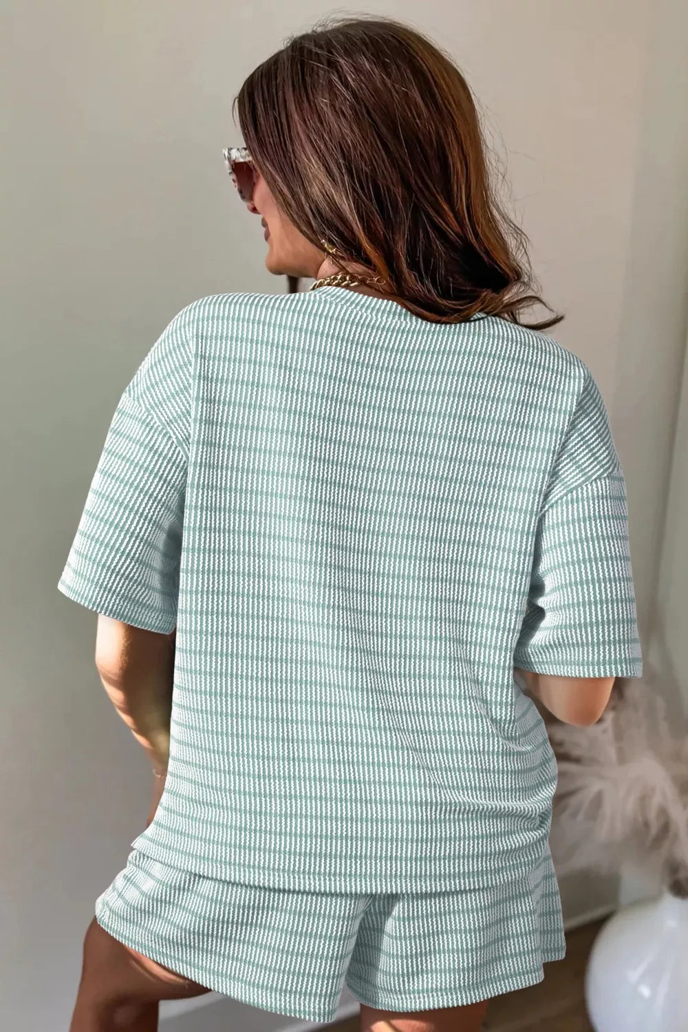Stripe Rib Drawstring 2pcs Short Set