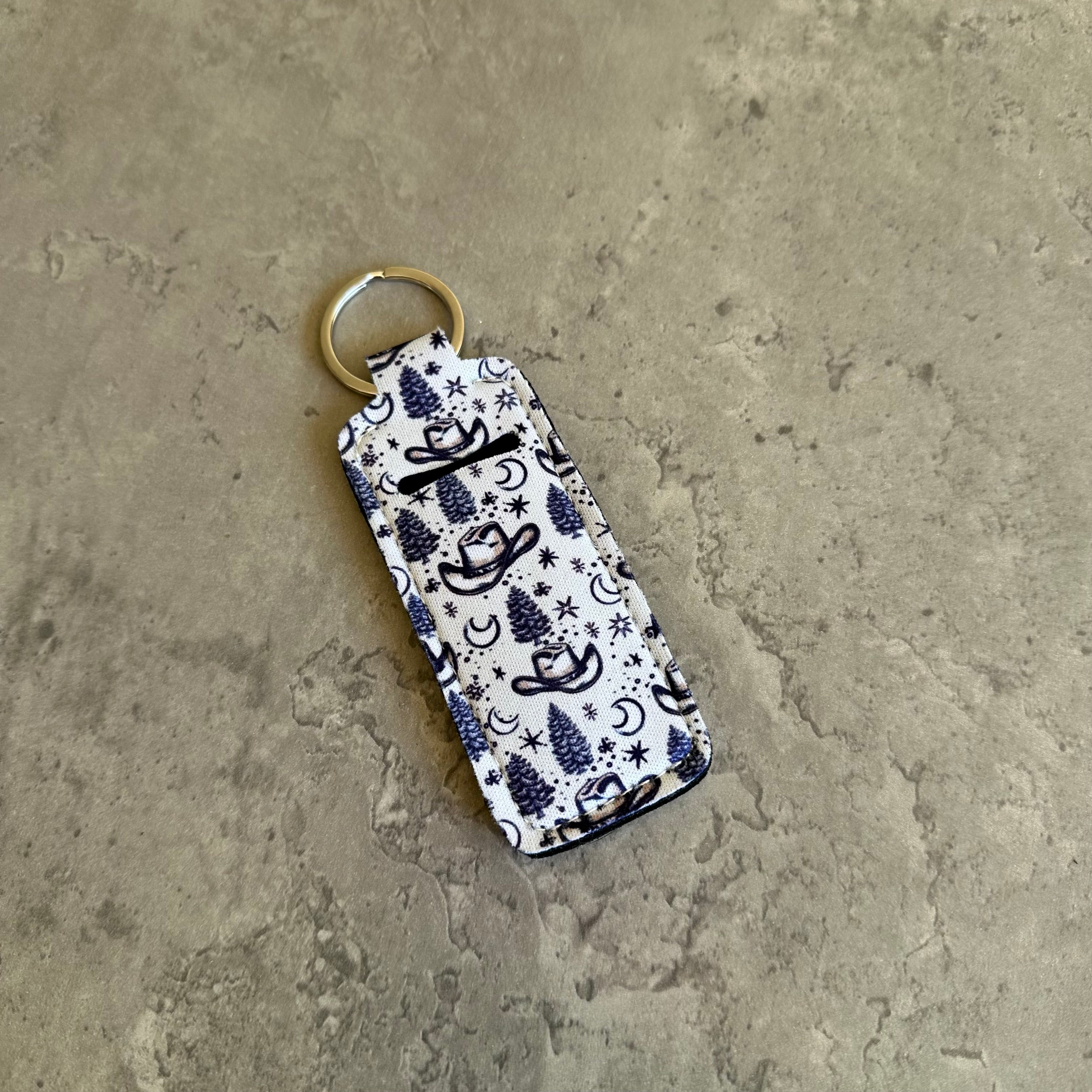 Chapstick Holder Keychain – Cow Print, Camo Pink Bow, Cowboy Toile, Barn Toile, croquette, duck, moon