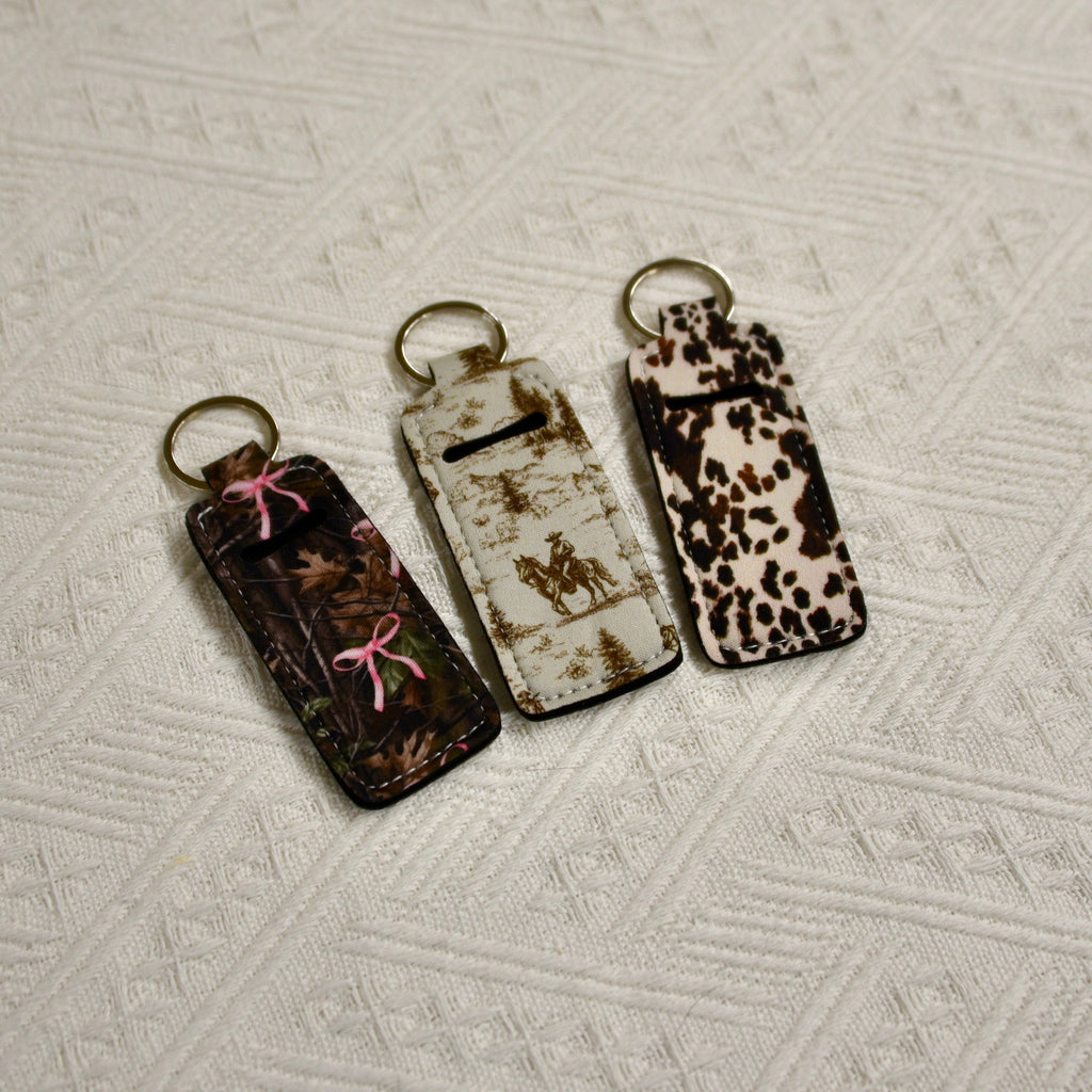 Chapstick Holder Keychain – Cow Print, Camo Pink Bow, Cowboy Toile, Barn Toile, croquette, duck, moon
