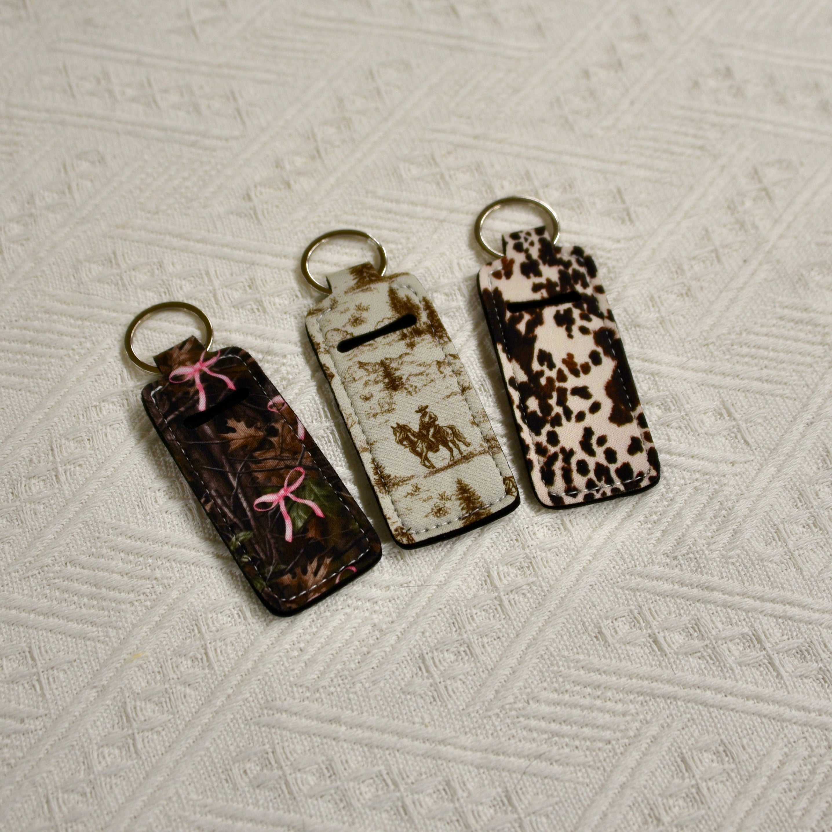 Chapstick Holder Keychain – Cow Print, Camo Pink Bow, Cowboy Toile, Barn Toile, croquette, duck, moon