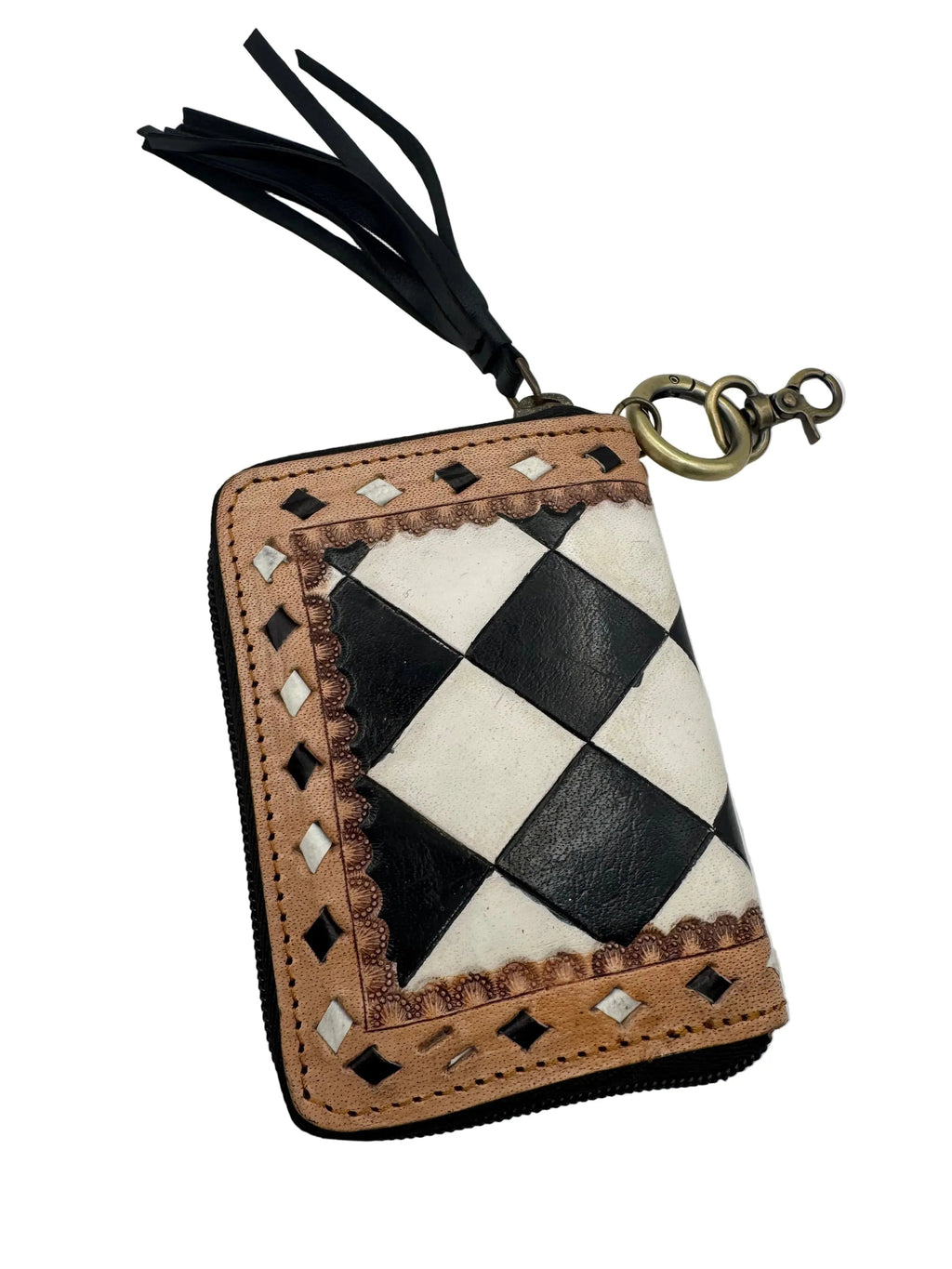 Leather Checkered Zip Wallet Keychain