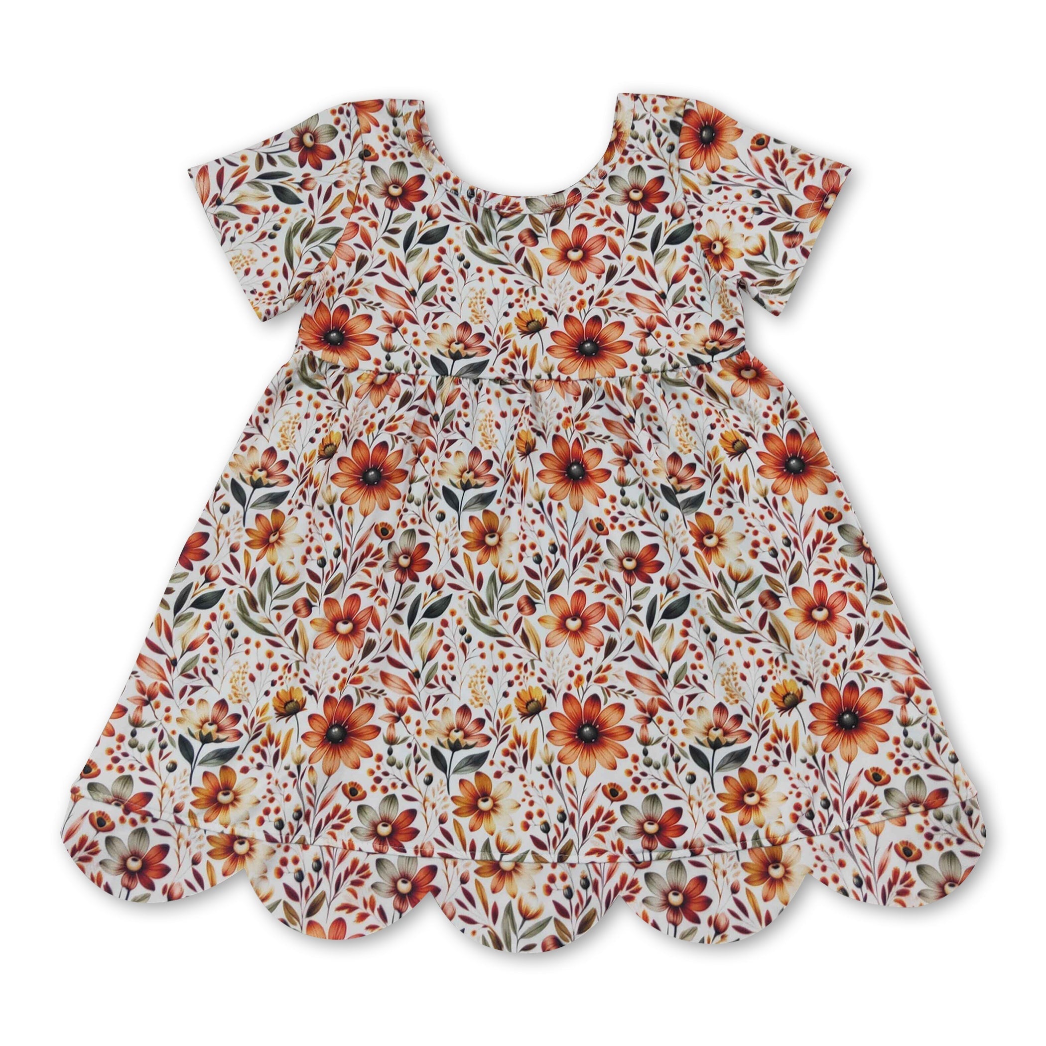 Short sleeves floral scallop kids girls summer dress