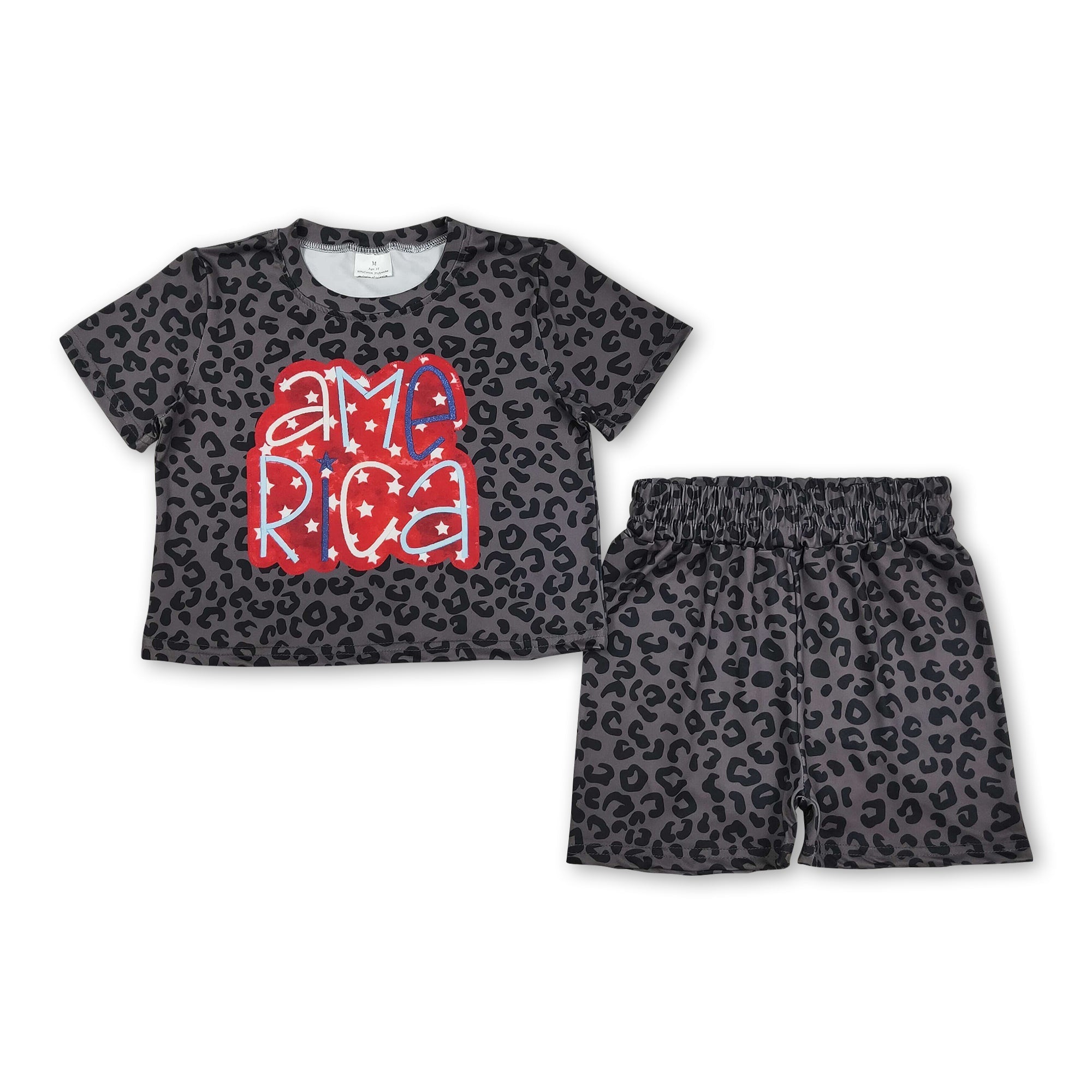 Short sleeves black leopard America girls 4th of july set
