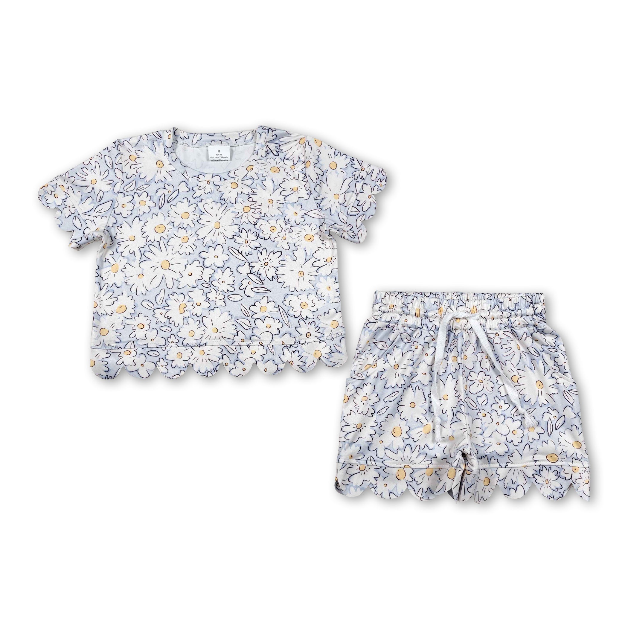 Short sleeves scallop white floral toddler girls summer set
