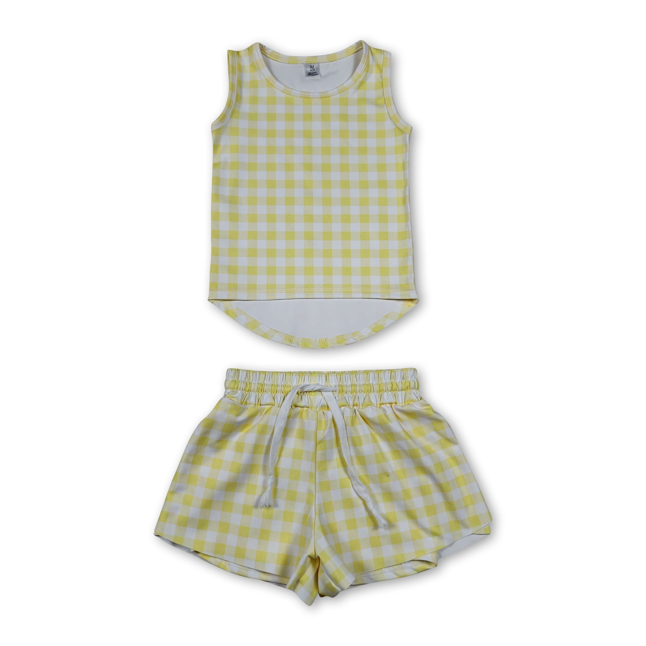 Sleeveless yellow plaid top shorts girls active wear set