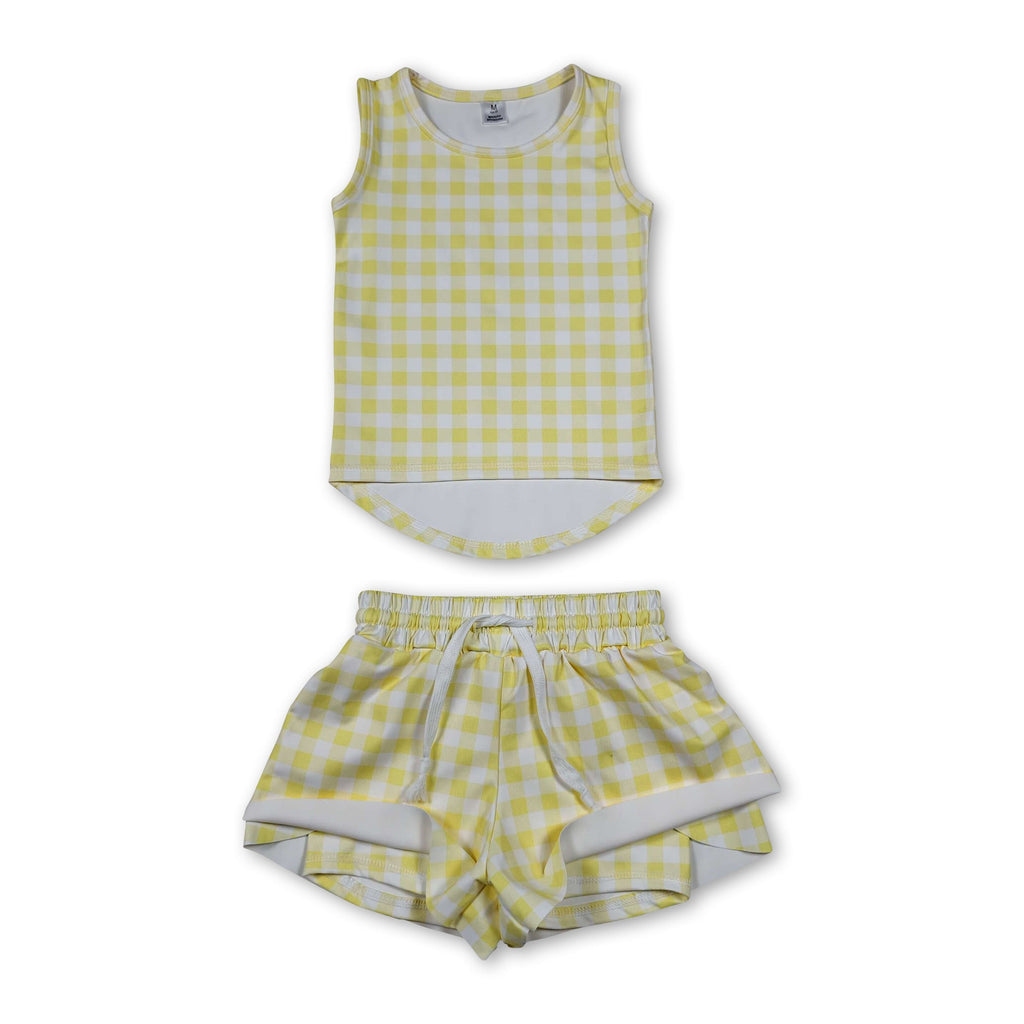 Sleeveless yellow plaid top shorts girls active wear set