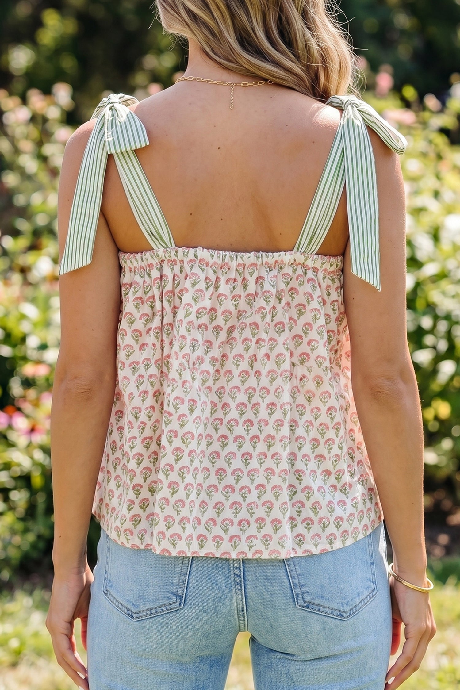 Pink Fashion Printed Knot Straps Babydoll Tank Top