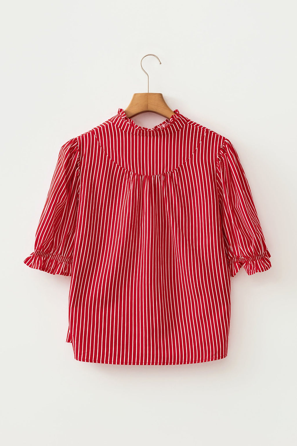 Red Stripe Ruffled Short Puff Sleeve Button Front Blouse
