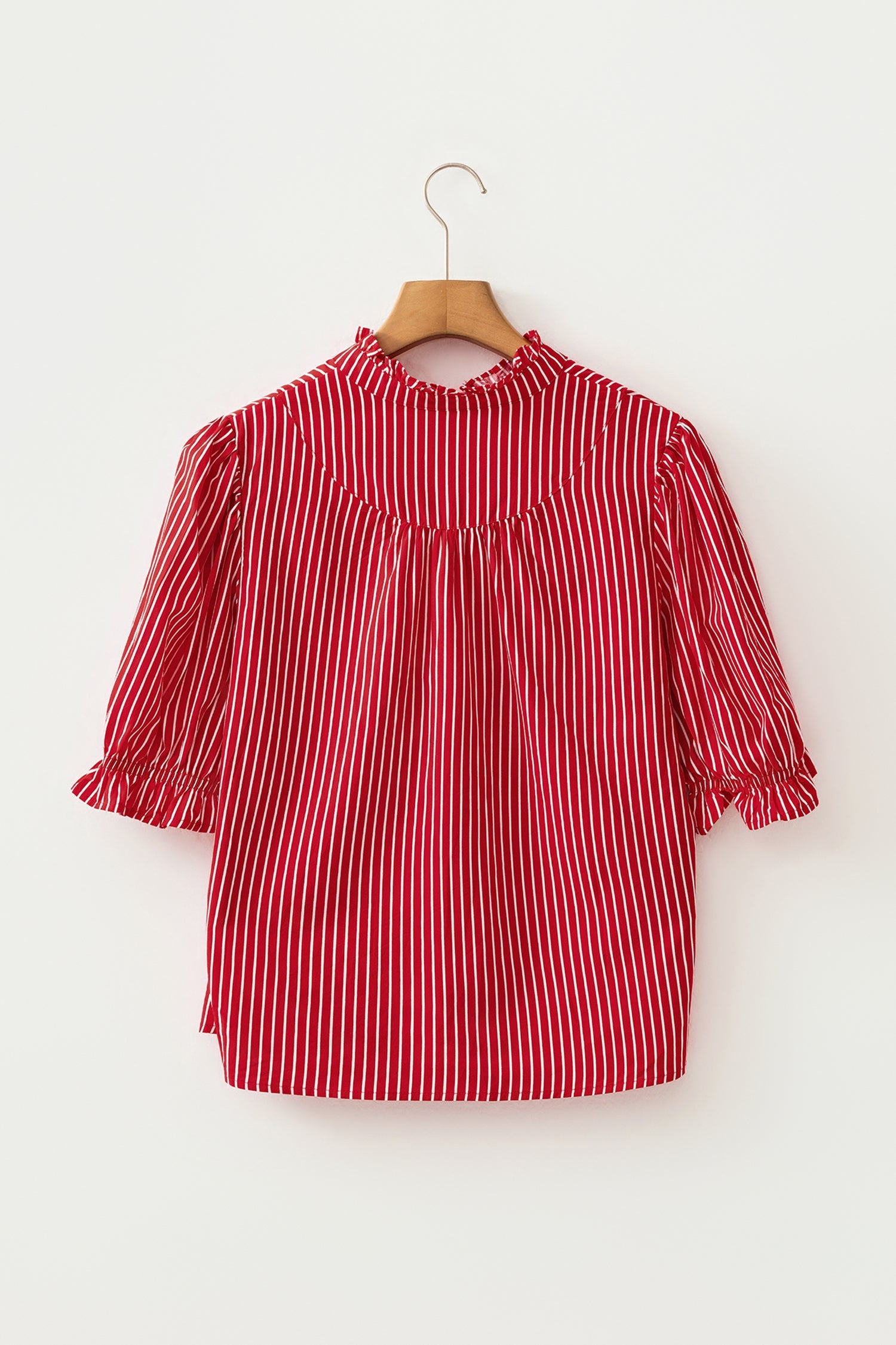 Red Stripe Ruffled Short Puff Sleeve Button Front Blouse