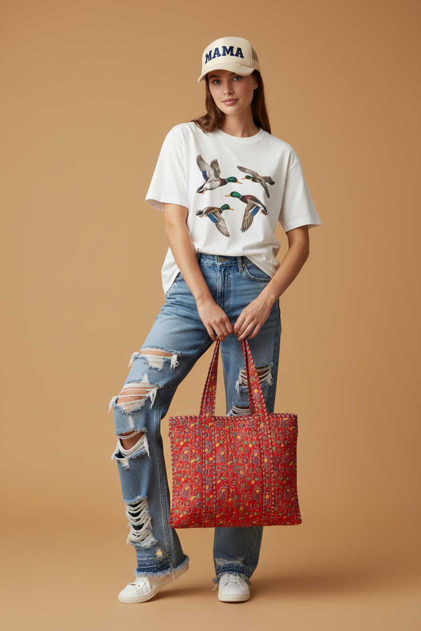 Quilted Cotton Zipper Tote, Red Paisley