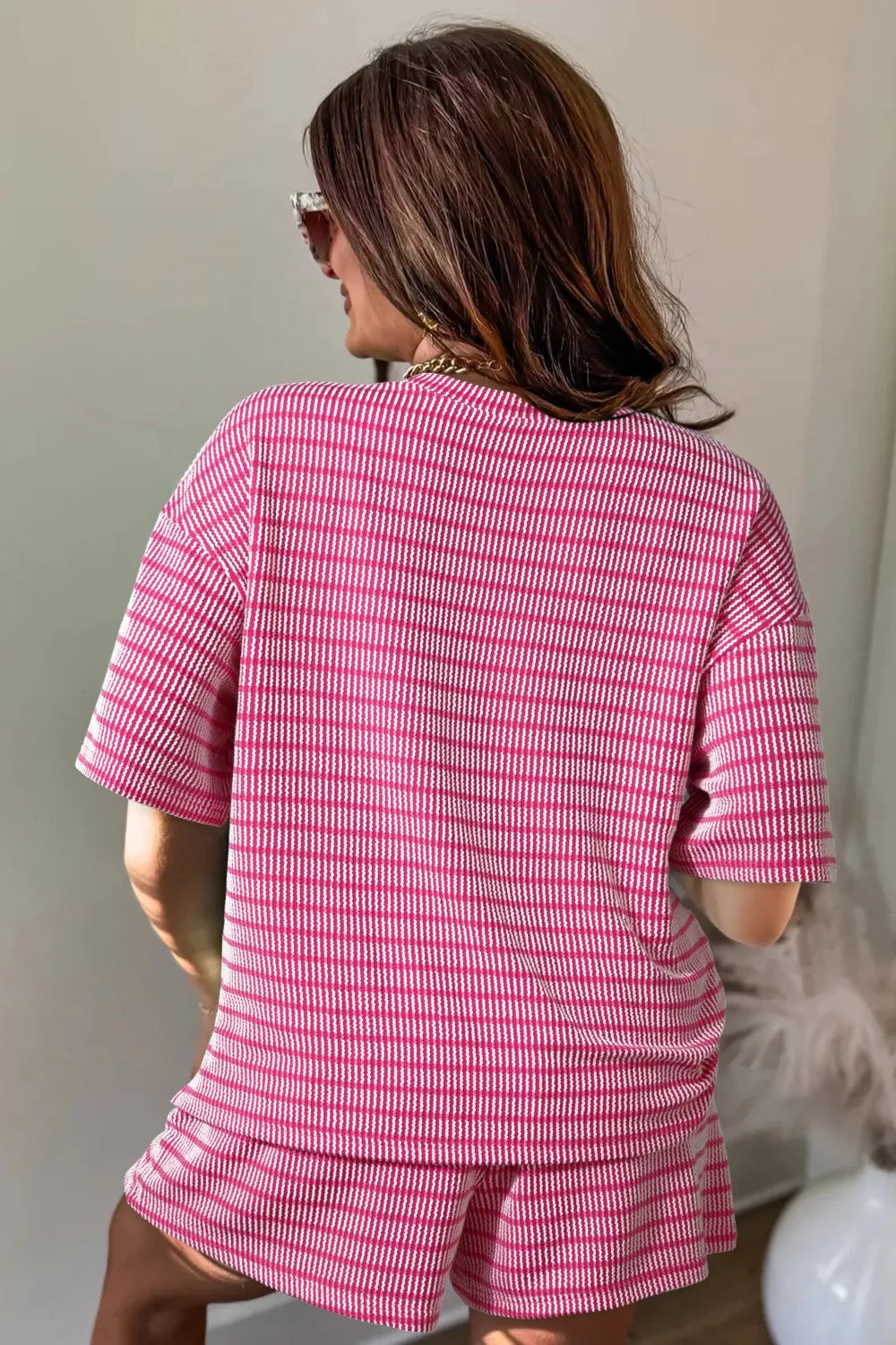Stripe Rib Drawstring 2pcs Short Set