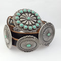 Genuine Distressed Leather Western Concho Belt with Faux Turquoise Stone Buckle