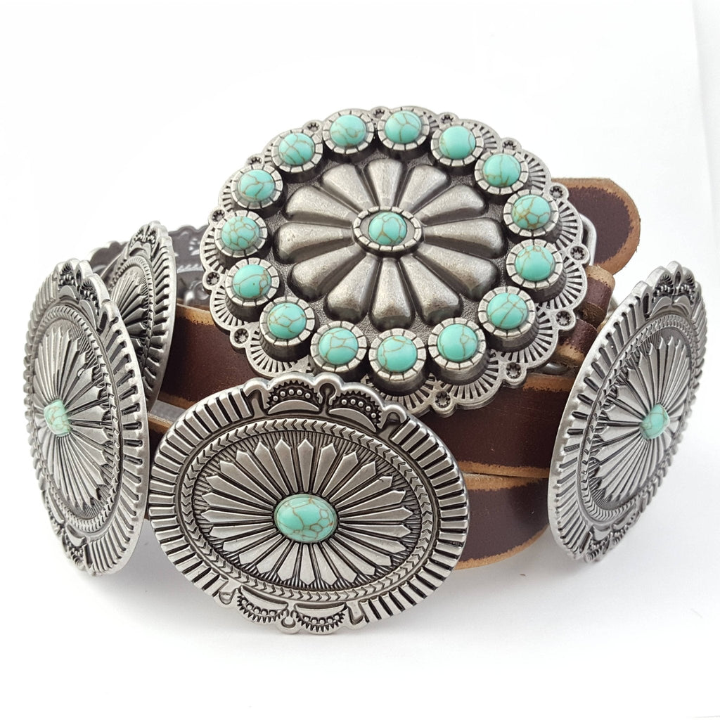 Genuine Distressed Leather Western Concho Belt with Faux Turquoise Stone Buckle