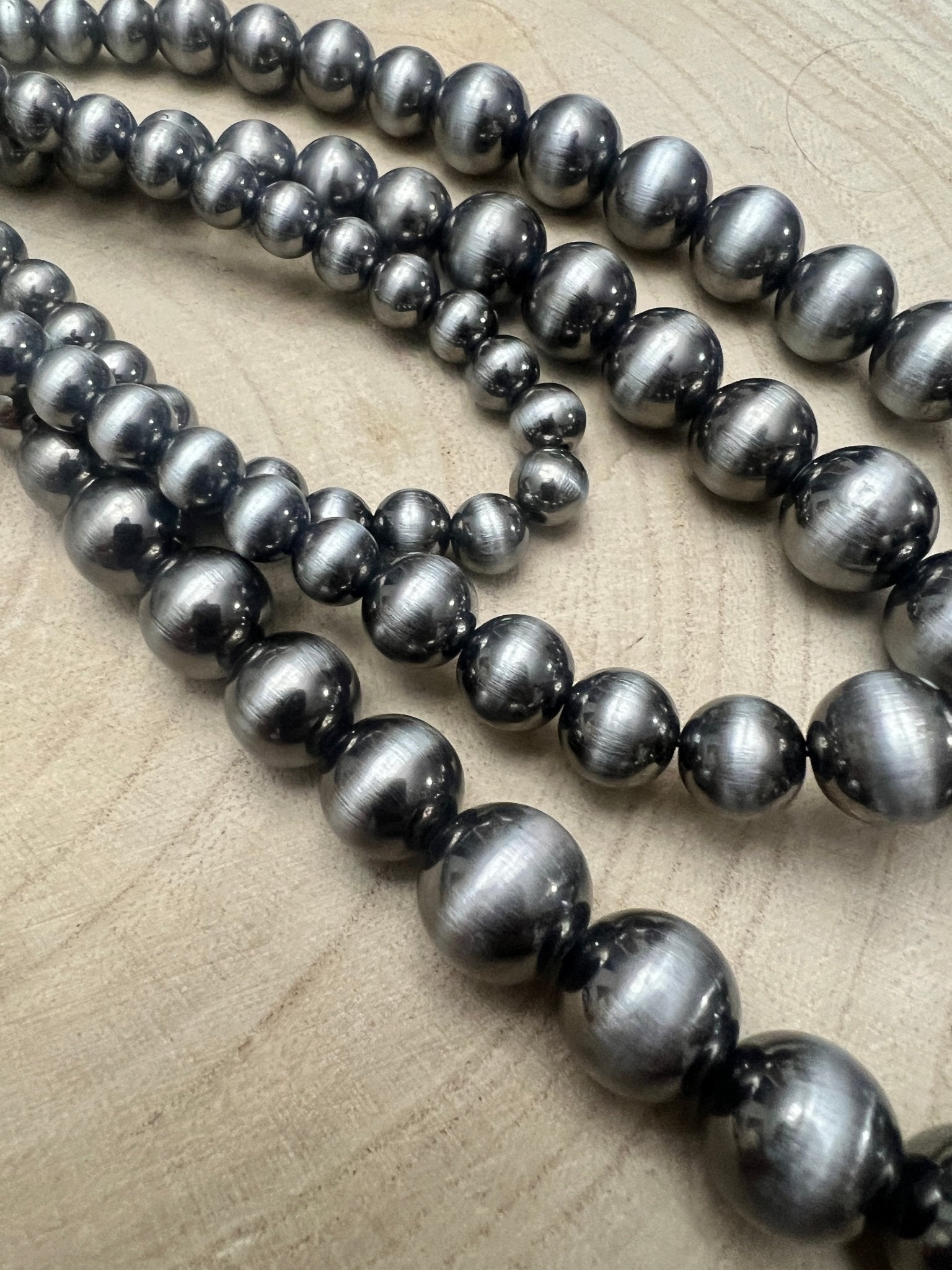 Western Triple-Strand Burnished Faux Sterling Pearl Necklace — Long Layered Set (24", 28", 35")