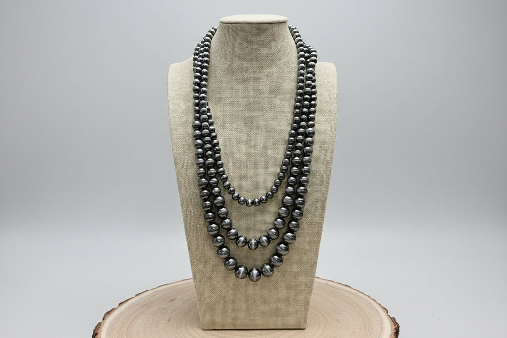 Western Triple-Strand Burnished Faux Sterling Pearl Necklace — Long Layered Set (24", 28", 35")