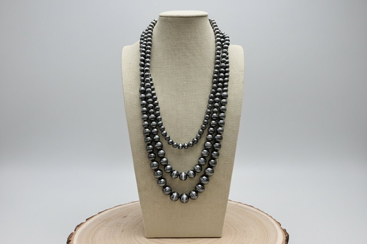 Western Triple-Strand Burnished Faux Sterling Pearl Necklace — Long Layered Set (24", 28", 35")